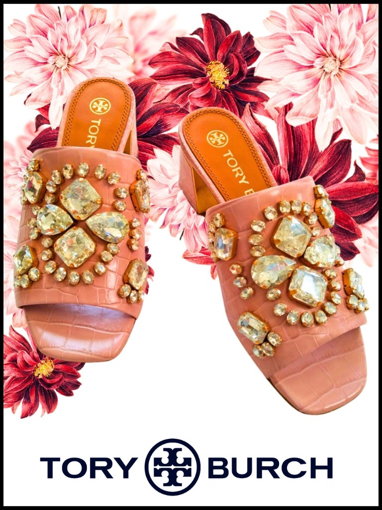 Nwt Tory Burch Crocodile-Print Leather And Rhinestones Sandals